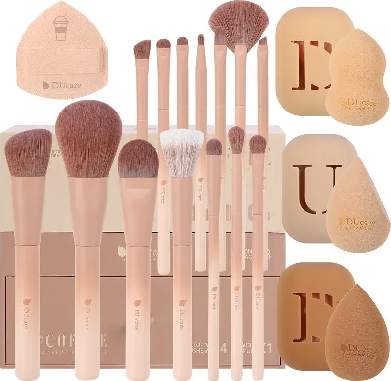 DUcare Kaffeereihe Luxus-Make-up-Pinsel, 14 Stück, und Make-up-Schwämme, 3 Stück, als Feiertagsgeschenk mit eleganter Geschenkbox