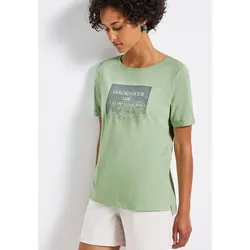 T-Shirt STREET ONE, Damen, Gr. 34, grün (soft jade grün), Jersey, Obermaterial: 50% Baumwolle, 50% Modal, bedruckt, casual, regular fit taillenbedeckt, U-Boot-Ausschnitt, Kurzarm Aufschlag, Shirts, mit Schimmer-Print