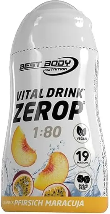 Best Body Nutrition Vital Drink ZEROP, Pfirsich-Marakujaschale, Original Getränkekonzentrat, Sirup, zuckerfrei, 1:80 ergibt 19 Portionen fertiges Getränk
