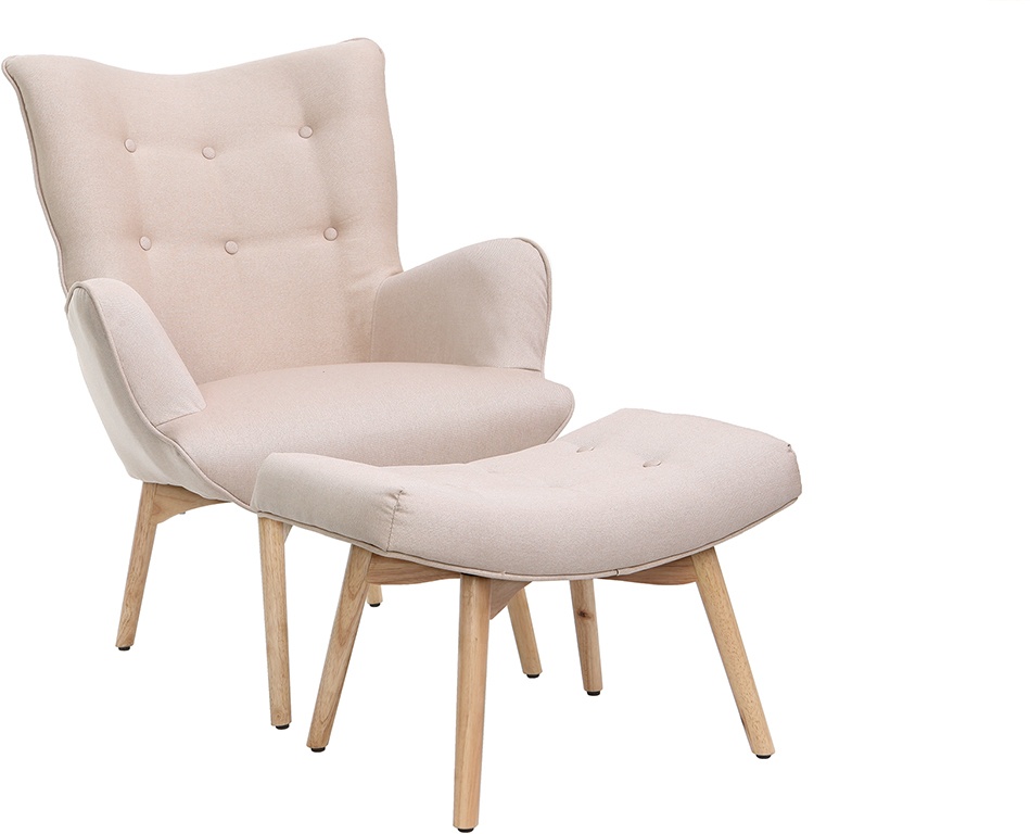 Fauteuil avec repose-pieds scandinave en tissu rose poudré et bois clair BRISTOL