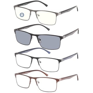 EFE Lesebrillen Herren 4er-Pack Rechteck Rahmen Metall Edelstahl Material Federscharniere Anti Blue Ray Lesebrille Einschließlich Herrensonnenbrille Computer Lesebrille