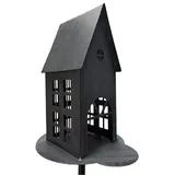Spetebo Metall Gartenstecker Haus in anthrazit - H 75 cm - Gartendeko Beetstecker Windlicht - Frühling Sommer Blumenbeet Deko Laterne Metallstecker mit Erdspieß
