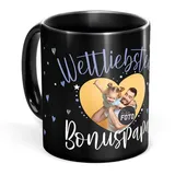 Tassendruck Schwarze Tasse mit Spruch für den weltliebsten Bonuspapa - Tasse mit Foto selbst gestalten - Geschenk für Bonuspapa, Fotogeschenk Familie | Schwarze Fototasse, 300 ml