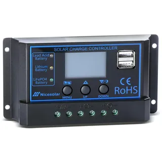 Nicesolar 20A Solarladeregler 12V/24V Solarpanel-Controller Auto-Parameter einstellbar LCD-Display for Bleibatterien, Lithiumbatterien, LiFePO4-Batterien