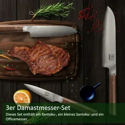 3er Set: Großes Santokumesser / Kleines Santokumesser / Officemesser | ZAYIKO - DAMASTMESSER | Kassh