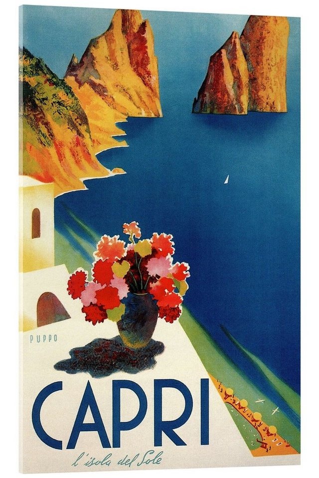 Posterlounge Acrylglasbild Vintage Travel Collection, Italien, Sommerinsel Capri (italienisch), Wohnzimmer Vintage Illustration blau 40 cm x 60 cm