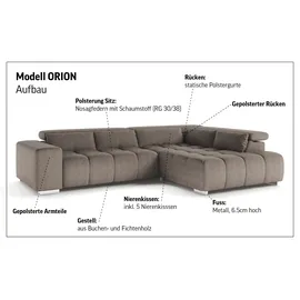 Cotta Ecksofa COTTA "Orion L-Form", platinum, B:310cm H:70cm T:225cm, 100% Polyester, Sofas, Ecksofa, mit Kopfteilverstellung & 5 Nierenkissen