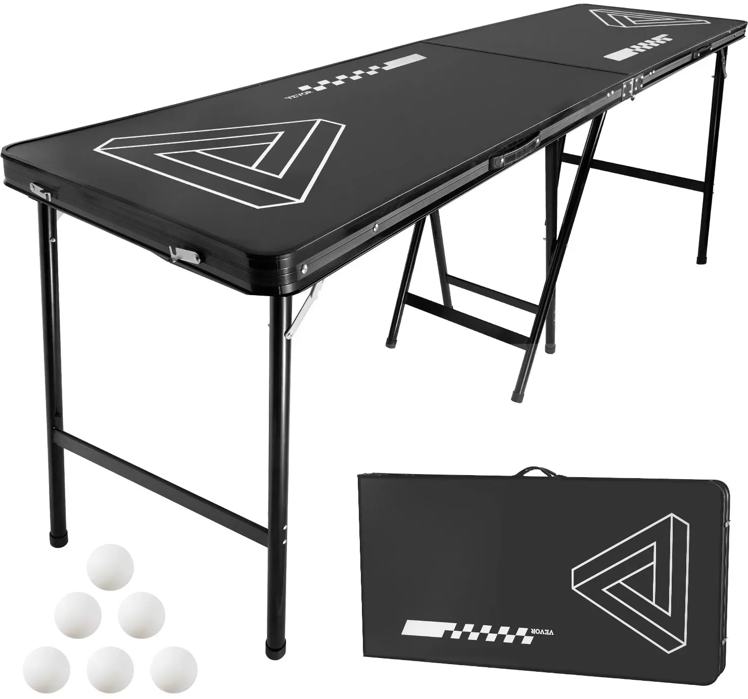 VEVOR Klappbarer Bierpong-Tisch 2,4 x 0,6 x 0,9 m mit 6 Tischtennisbällen, Faltbarer Beer-Pong-Tisch Tragbar mit Tragegriffen, Ideal für Büro, Grillpartys, Reisen und Camping, Schwarz
