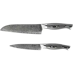 Muxel 2-tlg Messer Set Damast V10 Edelstahl 62 Lagen extra scharf V - Kante für Links- und Rechtshänder