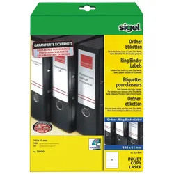 Sigel Ordner-Etiketten Inkjet/Laser Kopier 61x192mm VE=10x100 Stück (25 Blatt) weiß