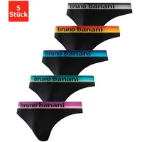 String BRUNO BANANI Gr. S, 5 St., bunt (schwarz, blau, schwarz, pink, mint, gelb, grau) Herren Unterhosen Strings mit Streifen Logo Webbund