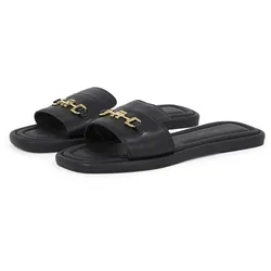 Pantolette TOMMY HILFIGER "LEATHER HORSEBIT MULE", Damen, Gr. 40, schwarz, Leder, modisch, Schuhe, Flats, Sommerschuh, Bequemschuh mit goldfarbener Zierspange