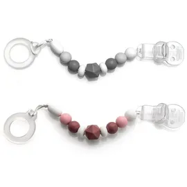MiaMia Schnullerkette mit Silikon-Perlen & Gummiring inkl. Clip - 2er Set - Grau Beere