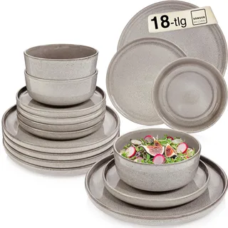 sänger Kairo Clay | 18 teilig, Steingut Geschirr Geschirrset Tafelservice (18-tlg), 6 Personen, 6x Speiseteller 6x Dessertteller 6x Schalen & Schale Grau, Teller Set, Tiefe Teller | VALUE COLLECTION