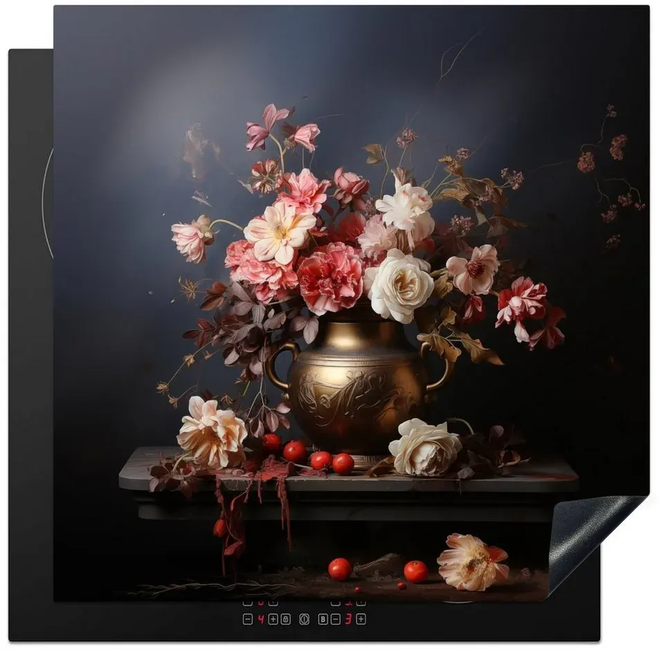 MuchoWow Herdblende-/Abdeckplatte Stilleben - Blumen - Rosen - Blumenstrauß - Vase, Vinyl, (1 tlg), 78x78 cm, Ceranfeldabdeckung, Arbeitsplatte für küche bunt