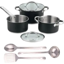 San Ignacio - 5-teiliges Küchenset Ø16, Ø20, Ø24 mit Deckel + Set mit 3 Utensilien aus Edelstahl