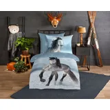 good morning Kinderbettwäsche Dreamer, Biber, Flanell, 2 teilig, Biber, 135x200, Winter, Warm, Reißverschluss, Wendeoptik, Kind, Pferd blau|grau