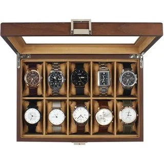 GUKA Uhrenbox, 10 Slots Uhrengehäuse mit Echtglasdeckel, Holz Uhrenvitrine mit Tuch Uhrenkissen, Uhrenaufbewahrungsbox für Damen und Herren, Braun