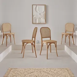 4er-Set Vintage Holz- und Rattanstühle Natur - sweeek