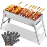 Unyqoos® Kompakter zusammenklappbarer Holzkohlegrill aus Edelstahl, 44 x 20 x 36 cm – tragbar für Camping, Balkon und Garten, geeignet für 2... - Silber