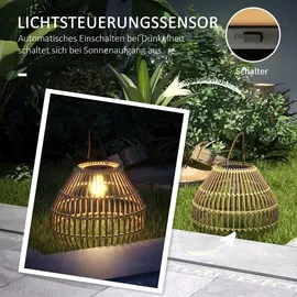 Outsunny Solarleuchte, Rattan Gartenleuchte, Wasserdichte Solarlampe mit Lichtsensor, LED Gartenlampe mit Trommel-Design, für Terrasse, Balkon,