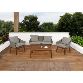 MCW Gartengarnitur MCW-N37, Garten-/Lounge-Set Sofa Sitzgruppe, Poly-Rattan Holz Akazie ~ grau, Kissen hellgrau