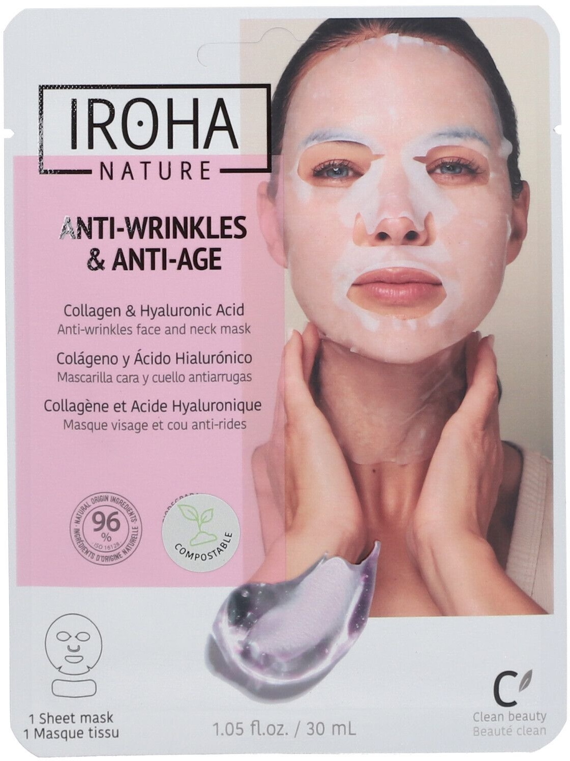 IROHA NATURE Masque en feuille anti-âge pour le visage et le cou - Collagène 30 ml masque(s) pour le visage
