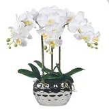 W&W Künstliche Orchideen-Pflanzen und Blumen Arrangement im Keramiktopf, künstliche weiße Phalaenopsis-Orchidee mit silberner Vase, realistisch für Heimdekoration Indoor