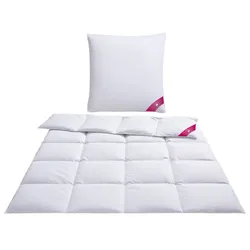 Daunenbettdecke + Kopfkissen RIBECO "Johanna", weiß, B/L: 155cm x 220cm (1), B/L: 80cm x 80cm Anzahl Teile 1, warm, Bettdecken Bezug: 100% Baumwolle. Kopfkissen Bezug: 100% Baumwolle. Bettdecken Füllung: 80% Entendaune, 20% Entenfeder. Kopfkissen Füllung: 90% Entenfeder, 10% Entendaune, Bettwaren-Sets, Wohlfühlkomfort mit den Vorzügen der Natur