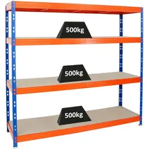 Proregal Schwerlastregal Metall 180 x 200 x 60 cm Blau/Orange 4 Spanplatten-Ebenen 8mm Fachlast 500 kg