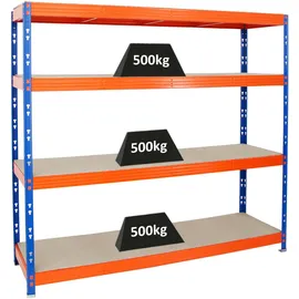 Proregal Schwerlastregal Metall 180 x 200 x 60 cm Blau/Orange 4 Spanplatten-Ebenen 8mm Fachlast 500 kg