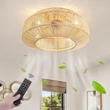 HEYUN Rattan Deckenventilator Mit Beleuchtung Deckenventilator Mit Fernbedienung Und Timer-Funktion Leise Fan Deckenleuchte 6-Gang Reversibler Rattan Deckenlampe Schlafzimmer Lampe Wohnzimmer Küche