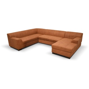 DOMO Collection Falk Wohnlandschaft | Sofa mit Schlaffunktion und Bettkasten in U-Form | Schlafsofa mit Federkern und Stauraum | 229 x 317 x 159 cm | Couch in orange-rot