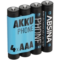 ABSINA Akku AAA für Telefon 800 mAh - 4er Pack NiMH wiederaufladbarer Micro AAA Akku mit 1,2V - AAA Akkus für DECT Telefon schnurlos, Schnurlostelefon, Haustelefon - Akkus AAA Akku 800 mAh (1.2 V)