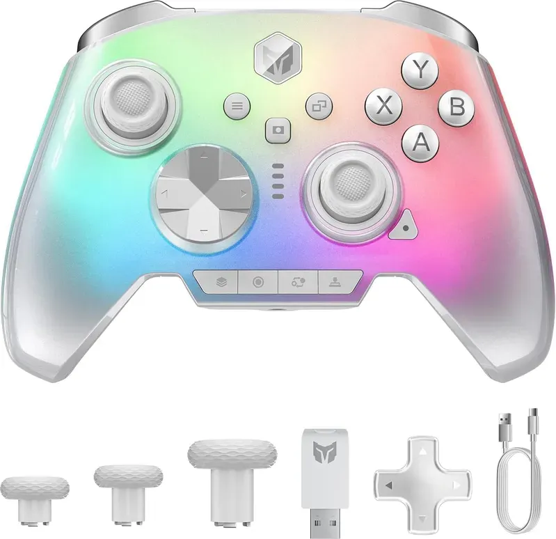 BIGBIG WON Rainbow 3 kabelloser Controller, 2000 Hz Abtastfrequenz, kapazitiver Joystick, 16 mechanische Tasten, 14 individuell anpassbare RGB-LEDs, 6-Achsen-Gyrosensor, umschaltbare Hall-/Mikro-Switch-Trigger, 3,5 mm Audio-Klinke, Gamepad für PC/Switch2/iOS/Android