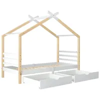 XDOVET Kinderbett Hausbett mit Schubladen,Massivholz mit Lattenrost, Kiefernholz Hausbett , Kinder und Jugendzimmer, weiß+holzfarbe