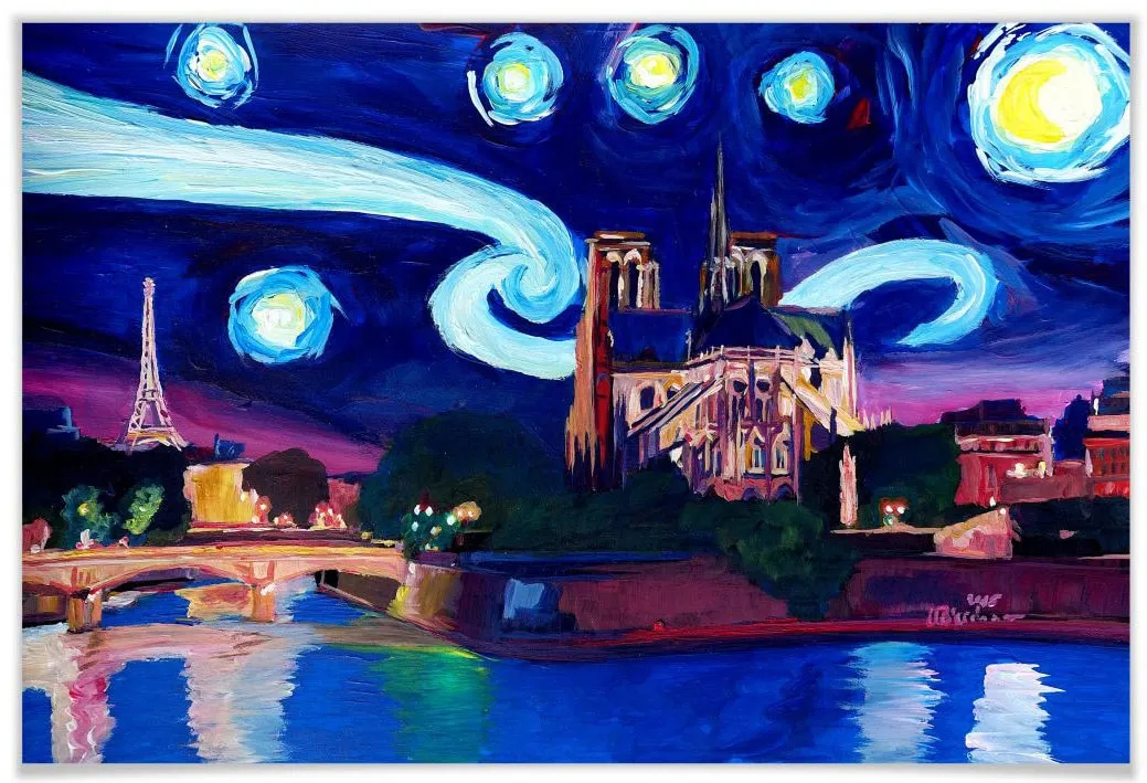 Wall-Art Poster »Van Gogh Stil Stadt Paris bei Nacht«, Stadt, (1 St.), Poster ohne Bilderrahmen Wall-Art bunt