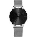 Alienwork Armbanduhr Damen Silber Metall Mesh Armband Edelstahl Schwarz Ultra-flach dünn
