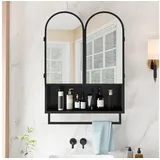 Celya Spiegelschrank 60 cm moderner Spiegelschrank mit doppeltem Bogen (für Badezimmer, Wohnzimmer und Schlafzimmer, schwarz, mit offenem Regal und Handtuchhalter, Spiegelschrank mit Stauraum) 2-türiger Medikamentenschrank, Metall-Wandschrank schwarz