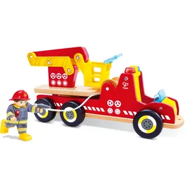 HaPe Feuerwehrauto mit Sirene - mit Feuerwehrmann-Figur, Spielzeugauto, Feuerwehrauto mit drehbarer Leiter & Zubehör, aus Holz, Rollenspielzeug für Kinder ab 2 Jahren