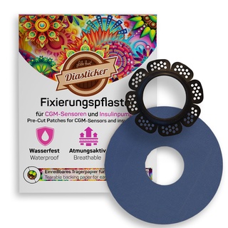 Diasticker® | Freestyle Libre 2 - Sensoreinfassung "LibreProtect" (Schwarz) inkl. 10 Pflaster (Dunkelblau) | Flexibel - Maximaler Halt - Wasserfest | Vereinfacht Pflasterwechsel, Tape-Fixierung
