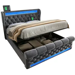 OKWISH Design Bett „Cloud“ 160x200 cm Schwarz mit LED & 25 cm Matratze – Samtbett mit Licht & ergonomischer Matratze, H3