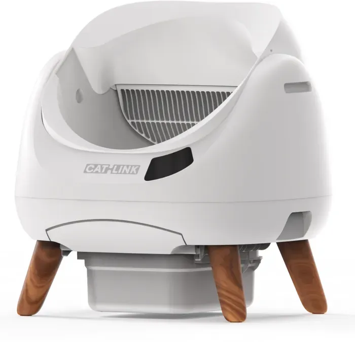 Catlink offener intelligenter Katzentoilettenautomat, selbstreinigend, für mehrere Katzen, mit innenliegender Schutzmatte und rutschfestem Unterlegpad, minimalistisches Weiß, 12 L luftdichter Behälter, 15 Tage ohne Wartung