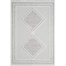 Carpet City Teppich Kurzflor Wohnzimmer - Grau, Beige - 160x230 cm - Teppiche Fransen Boho-Style - Raute-Optik - Schlafzimmer, Esszimmer