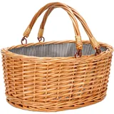 Picknickkorb aus Weidengeflecht mit doppelten, klappbaren Griffen, kleiner natürlicher Weidenkorb, leerer Korb, günstige Ostereier, Blumen, Hochzeitsgeschenke (grau gestreift S)