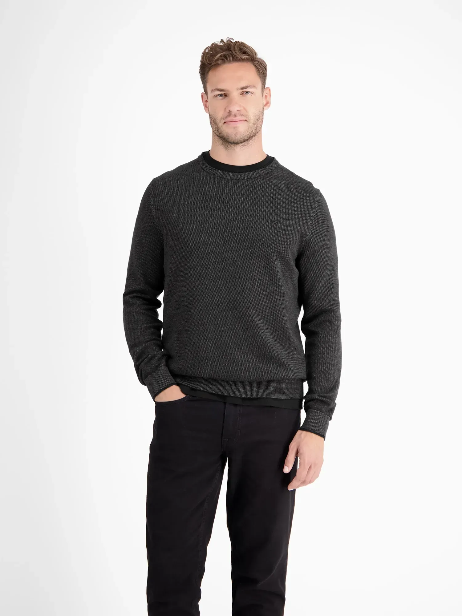 Strickpullover LERROS "Sportiver Strickpullover", Herren, Gr. XL, schwarz, 100% Baumwolle, Rundhals, Pullover Strickpullover, Grober Strickpullover in Two-Tone-Optik, sportlicher Stil