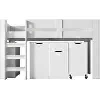 XDOVET Hausbett mit Leiter Teleskopschreibtisch herausnehmbarem Schrank und Stuhl Hochbett Kinderbett Einzelbett Massivholzbett 90*200cm Weiß