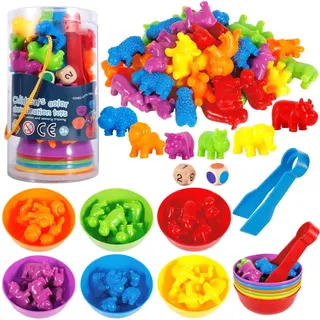 ZHHGOO Montessori Spielzeug ab 2-5Jahre,47pcs Montessori Wildtiere Spielzeug,Mathe Lernspielzeug mit Passenden Sortierbechern und Pinzetten,Spielzeuggeschenke für Jungen und Mädchen