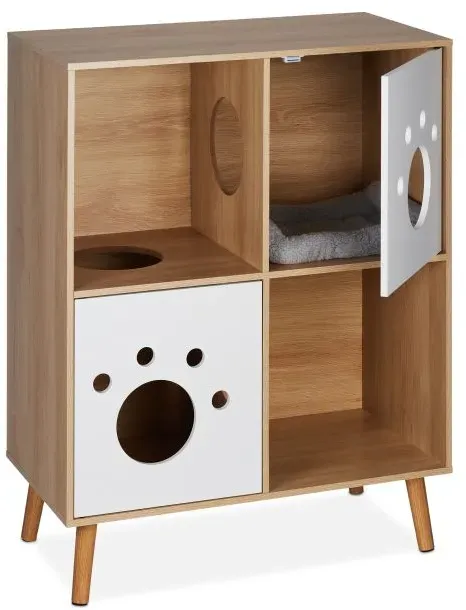 Relaxdays Katzenschrank mit 4 Fächern Weiß,Hellbraun