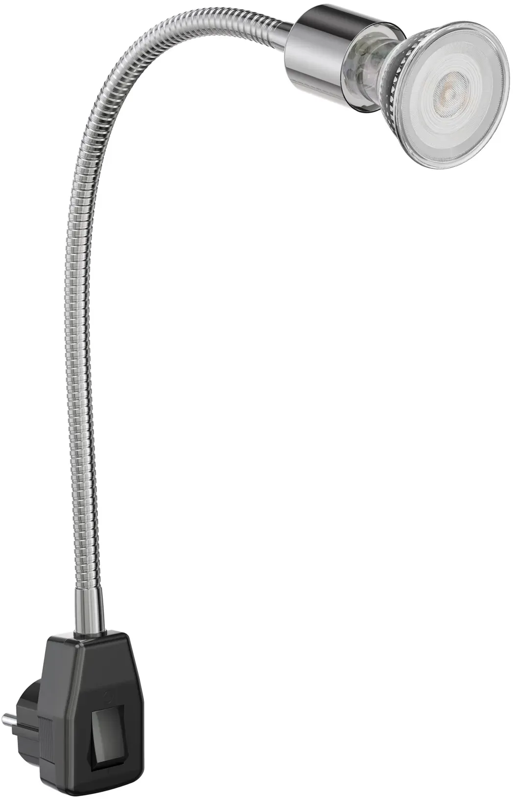 ledscom.de Steckdosenlampe LESCH Leselampe Schwanenhals Schalter chrom/schwarz + GU10 LED, PAR16, warmweiß, 374lm, 70°, 3-Stufen-Dimmer